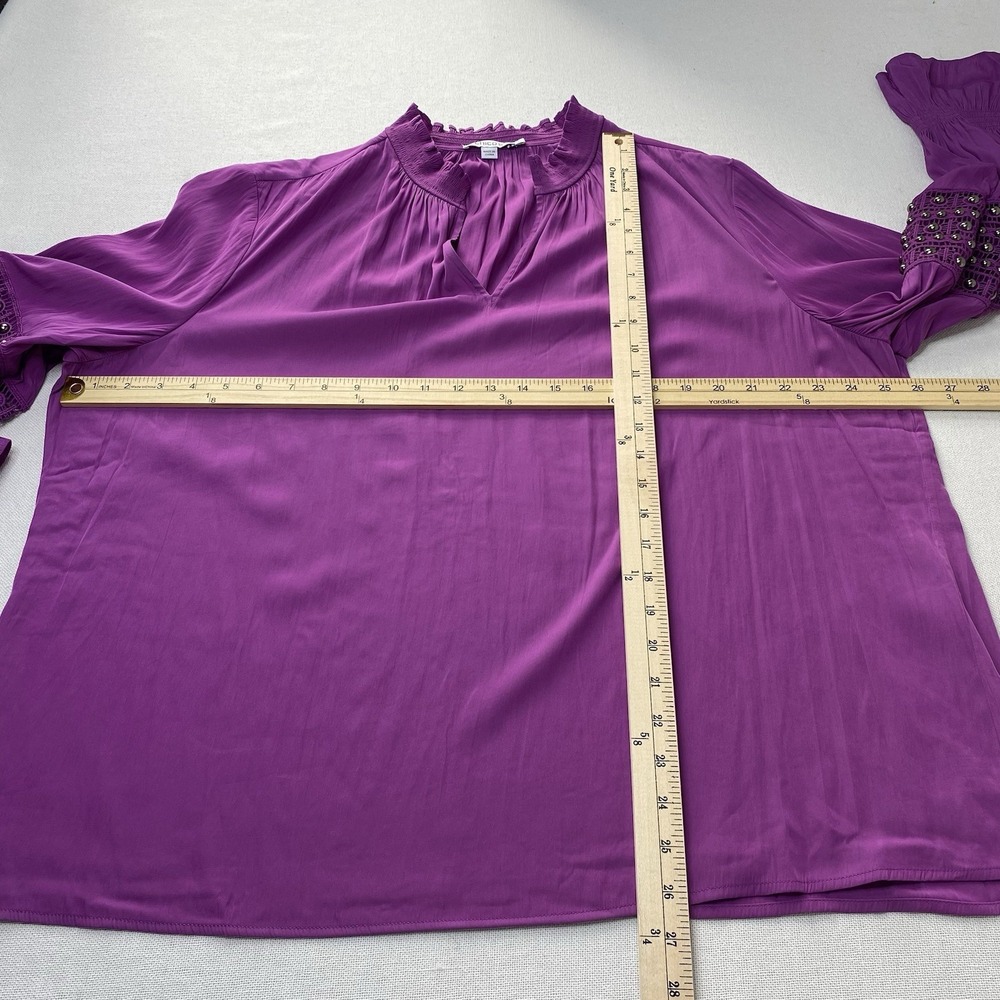 Chico's‎ Blouse 4 XXL Purple Tunic Top Mesh Studded Sleeve Ruffle Cuff V Neck - Picture 12 of 16